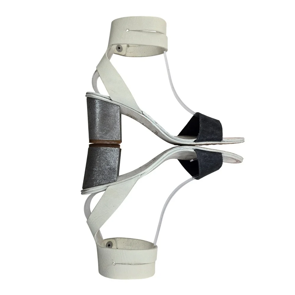 Pedro Garcia Xola Sandals White Leather Black‎ Suede Silver Block Heel Size 37 7